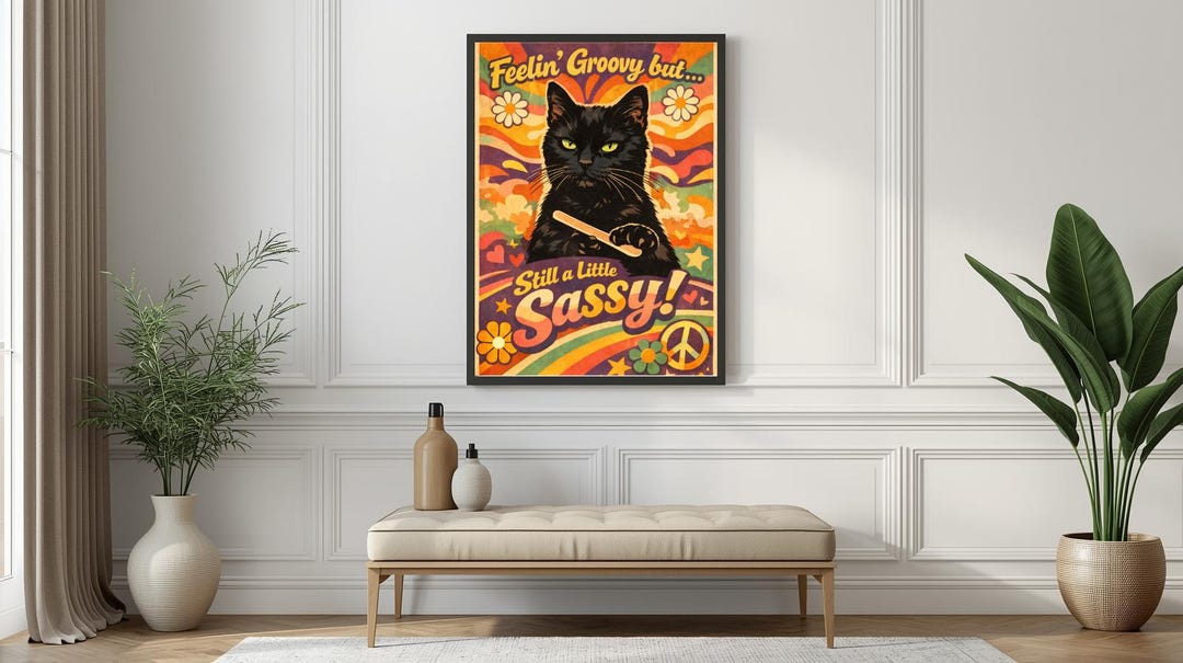 Vintage Cat Wall Art – Groovy 70s Retro Poster – Funny Black Cat ...