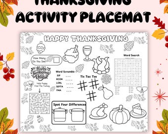 Mantel individual de Acción de Gracias para niños: Hoja para colorear de otoño imprimible (PDF)