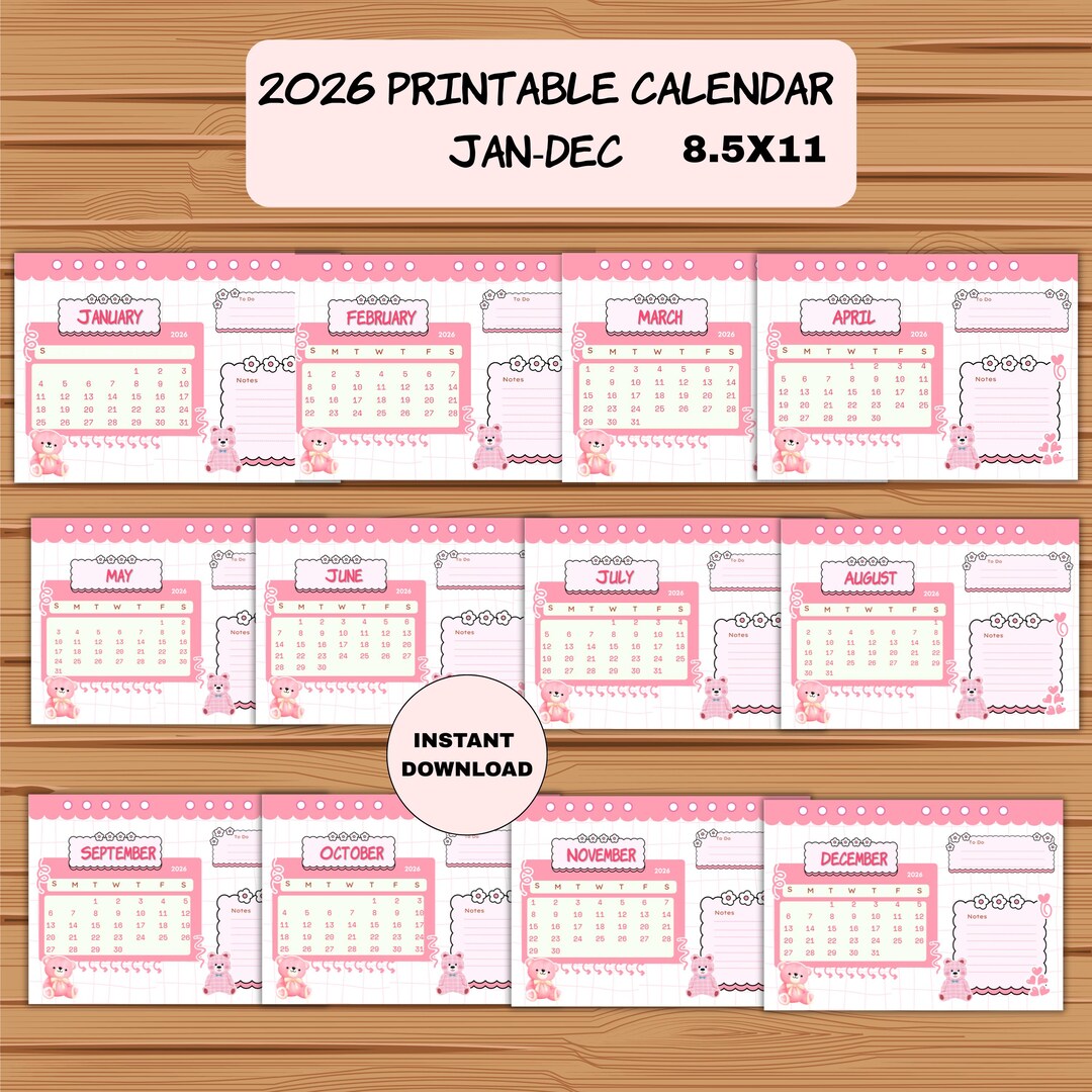 2026 Monatskalender zum Ausdrucken, Monatsplaner, digitaler Download