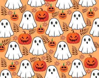 Halloween Seamless Pattern | Spooky Ghosts, Pumpkins, Floral (Digital Download)