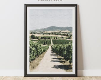 Arte mural de paisaje de viñedo toscano, pintura al óleo vintage, impresión de estilo campestre italiano, decoración rústica de granja, descarga digital