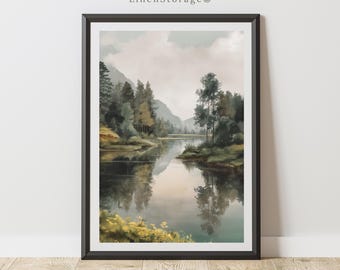 Arte mural con paisaje de lago de montaña, descarga digital, impresión vintage con reflejo de bosque en acuarela, decoración rústica de granja