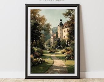 Arte mural de castillo vintage, impresión de pintura al óleo de paisaje de jardín europeo, decoración de arquitectura histórica para sala de estar