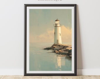 Impresión de pintura al óleo de faro vintage, arte mural costero, paisaje náutico oceánico, decoración costera para casa de playa