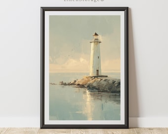 Arte mural costero con faro, descarga digital, pintura al óleo vintage, impresión náutica oceánica, decoración rústica de casa de playa y costa.