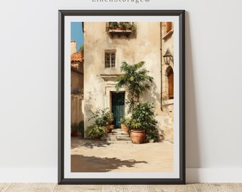 Arte mural de patio mediterráneo, puerta rústica europea con plantas en maceta, pintura al óleo vintage, descarga digital