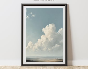Descarga digital de arte mural con nubes y cielo, pintura al óleo vintage con cielo azul y nubes blancas, decoración minimalista para el hogar.