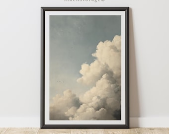 Arte mural digital con nubes blancas y apacibles, impresión de pintura al óleo vintage con pájaros en un cielo azul, decoración minimalista y serena.