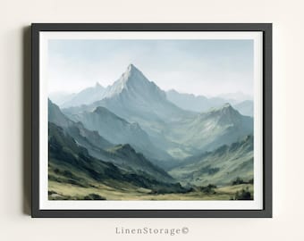 Arte mural de paisaje de montaña vintage, póster imprimible estilo pintura al óleo digital para decoración rústica y moderna del hogar.