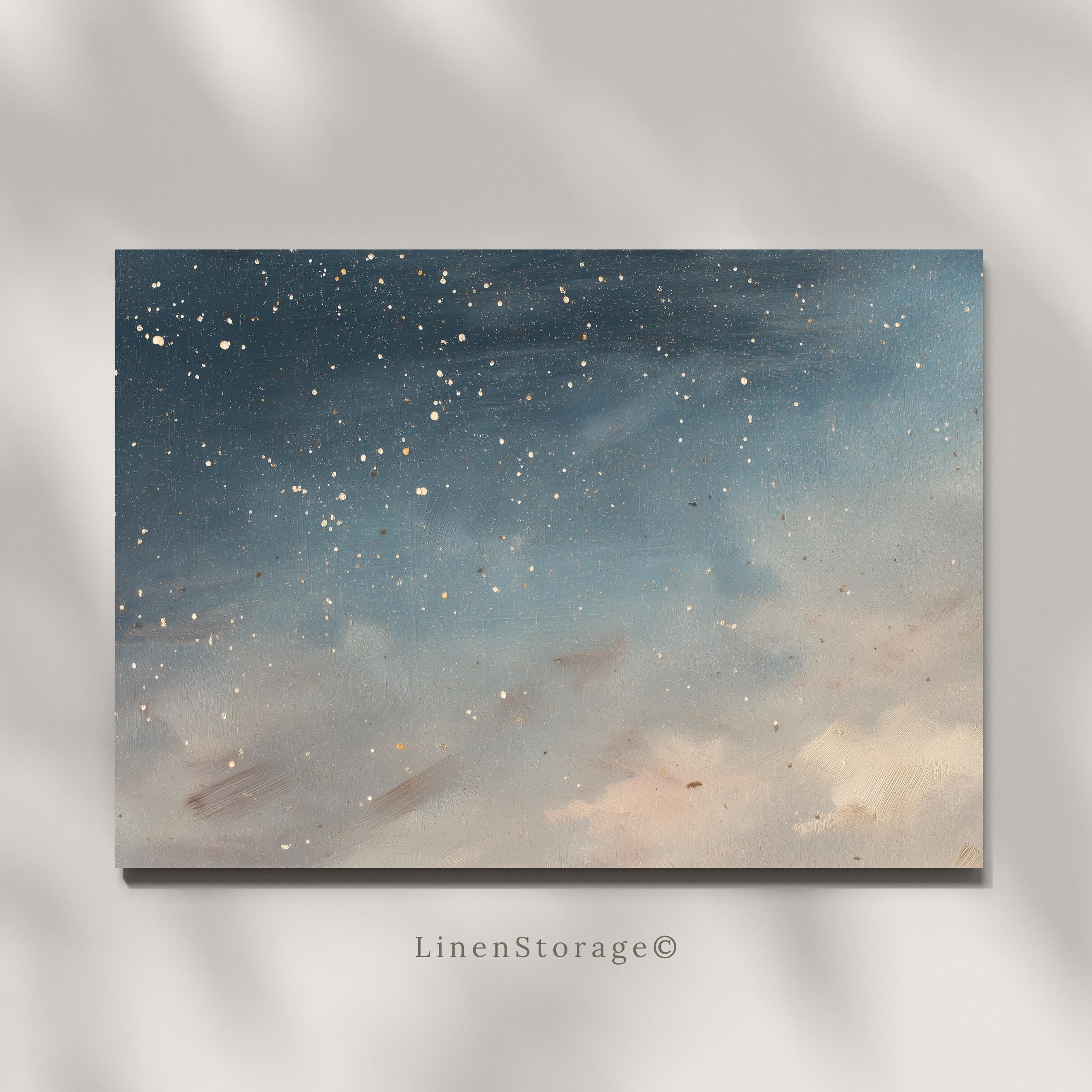 Vintage Starry Sky Oil Painting Print, Night Sky Wall Art, Dark Blue ...