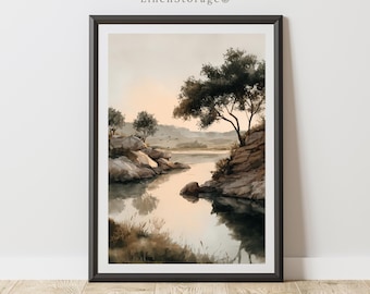 Arte mural con paisaje de acuarela vintage, atardecer tranquilo en un río con árboles y rocas, impresión rústica de naturaleza para decoración del hogar.