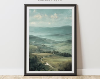 Descarga digital de arte mural con paisaje de colinas onduladas, impresión de naturaleza campestre estilo pintura al óleo vintage, decoración rústica de granja