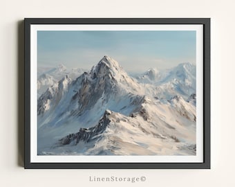 Pintura al óleo de cumbres nevadas, arte mural de paisaje vintage, descarga digital de los Alpes invernales, decoración serena para el hogar