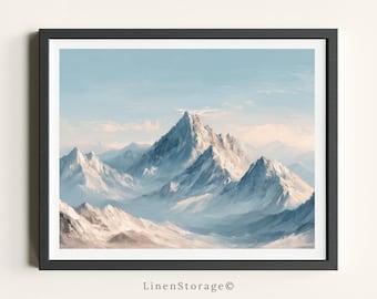 Arte mural de paisaje de montaña, pintura al óleo de picos nevados, impresión horizontal grande de naturaleza, cabaña rústica y decoración moderna para el hogar.