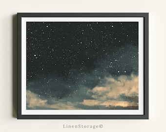 Arte mural de cielo estrellado, pintura al óleo vintage con estrellas y nubes, póster imprimible con descarga digital.