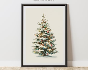 Arte de pared de árbol de Navidad vintage, descarga digital, impresión de decoración navideña nevada con adornos coloridos y luces festivas.