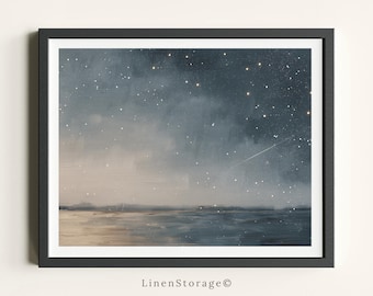 Cielo estrellado sobre el océano, arte mural costero tranquilo, estilo pintura al óleo vintage, lámina de paisaje marino para decoración del hogar