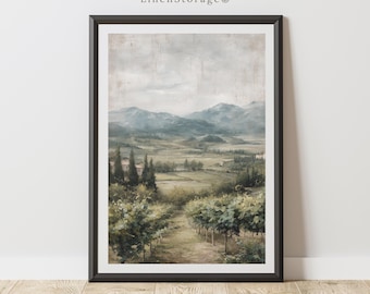 Paisaje de viñedo toscano, descarga digital, impresión de naturaleza campestre estilo pintura al óleo vintage, decoración rústica de granja