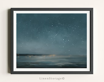 Arte de pared digital vintage con cielo estrellado, impresión celestial cósmica con detalles de constelaciones, decoración de pared de cielo nocturno de ensueño