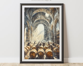 Descarga digital de arte mural de bodega vintage, pintura al óleo impresionista de trabajadores europeos y barriles, decoración rústica para el hogar.