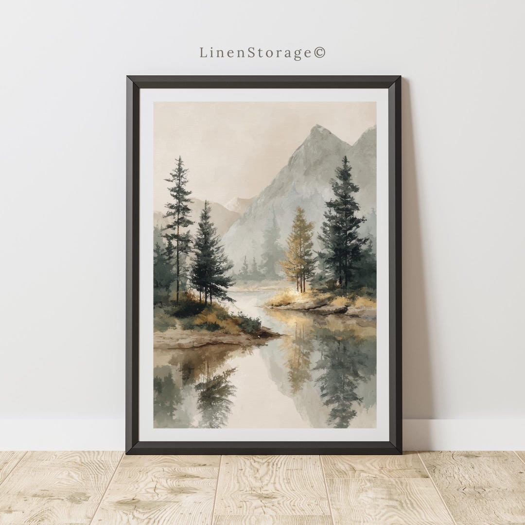 Mountain Lake Landscape Wall Art Digital Download, Vintage Watercolor ...
