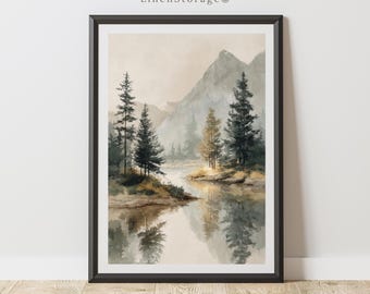 Arte mural digital con paisaje de lago de montaña, impresión vintage de bosque y pinos en acuarela, decoración rústica de cabaña.