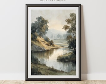 Arte mural digital con un apacible paisaje de río en el campo, descargable, impresión vintage de árboles y naturaleza en estilo acuarela, decoración rústica de estilo granja.