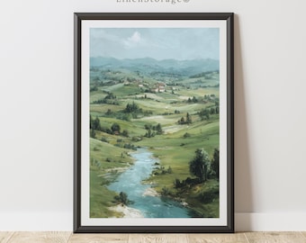 Arte mural con paisaje de río campestre, descarga digital, pintura al óleo vintage, impresión de naturaleza de valle verde, decoración rústica de granja