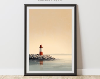 Arte mural minimalista de faro, impresión costera en rojo y blanco, decoración náutica oceánica, póster de casa de playa moderna
