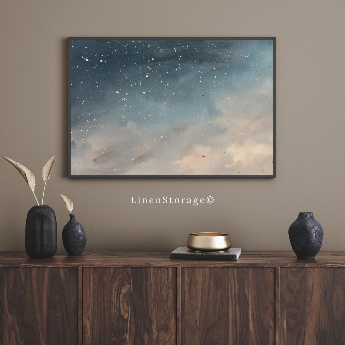 Vintage Starry Sky Oil Painting Print, Night Sky Wall Art, Dark Blue ...