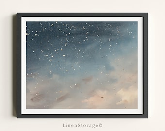 Impresión de pintura al óleo vintage de cielo estrellado, arte mural de cielo nocturno, nubes azul oscuro y beige, descarga digital celestial