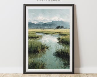 Arte mural digital de campo de arroz, estilo pintura al óleo vintage, impresión de naturaleza verde y paisaje montañoso para decoración rústica de granja.