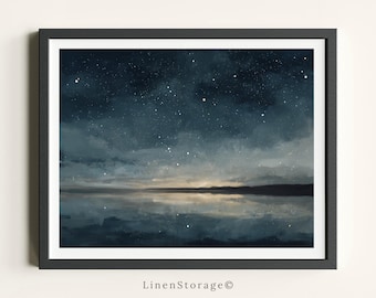 Pintura al óleo de cielo nocturno vintage con estrellas y reflejo de agua tranquila, arte de pared celestial sereno para decoración de dormitorio o sala de estar.