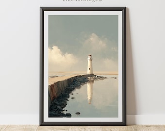 Arte mural de faro vintage, impresión de pintura al óleo náutica costera, decoración oceánica para casa de playa