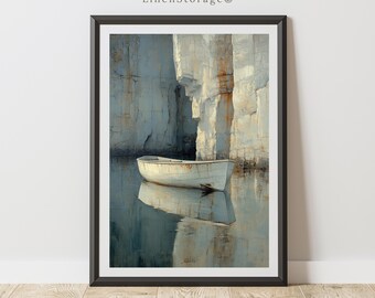 Pintura al óleo vintage de un bote de remos en aguas tranquilas con reflejo en el acantilado / Arte mural costero rústico / Decoración náutica para el hogar, impresión digital