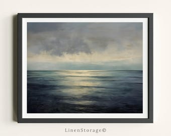 Arte mural de atardecer en el océano, impresión de pintura al óleo de paisaje marino, decoración costera digital, obra de arte imprimible de un tranquilo horizonte marino