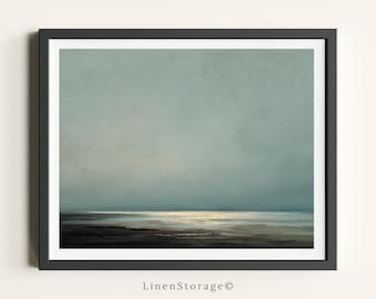 Arte mural minimalista de paisaje marino, pintura vintage de horizonte oceánico, descarga digital de calma costera para decoración moderna del hogar.
