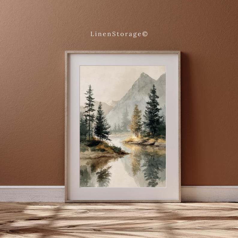 Mountain Lake Landscape Wall Art Digital Download, Vintage Watercolor ...