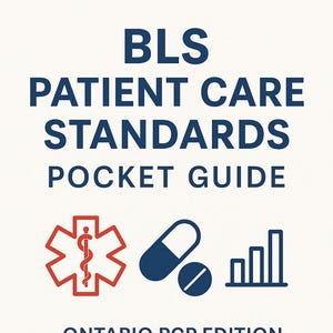 Puede incluir: Una guía de bolsillo blanca titulada "BLS Patient Care Standards" con texto azul e iconos médicos rojos y azules. La guía incluye el texto "Ontario PCP Edition" y el logotipo de MedNotesDesigns.