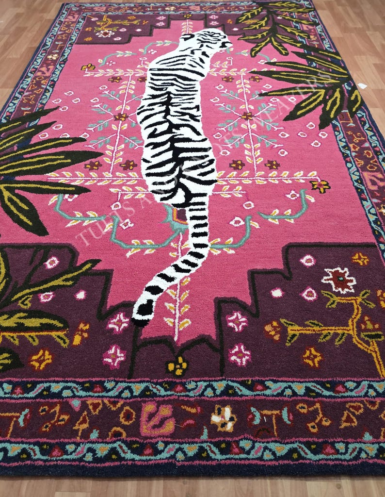 Hand Tufted Wool Rug | Pink Tiger Print, Multi-color - Etsy