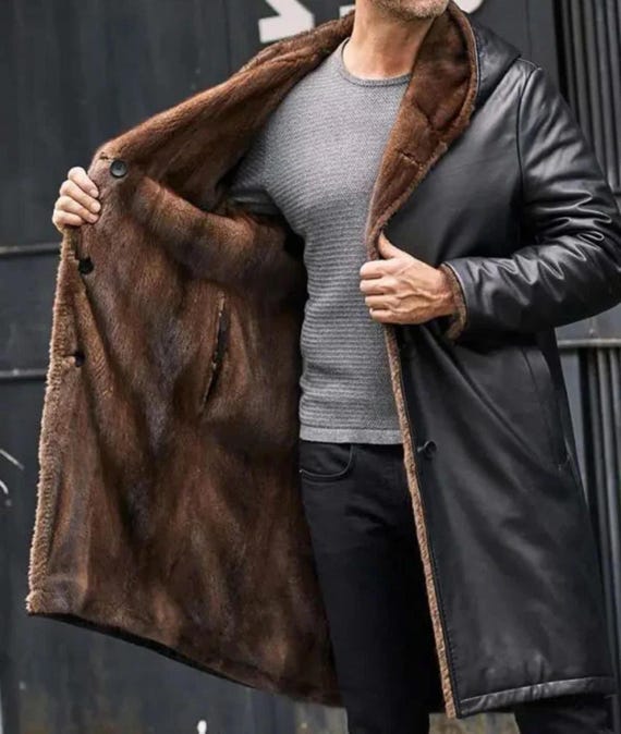 Schwarzer Leder-Lammfell-Mantel lange Winterjacke mit warmem