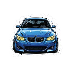 May include: A blue car sticker featuring a stylized illustration of a blue BMW. The car has yellow headlights, a black grill, and a black front bumper. The sticker has a white border with black paint splatter accents.