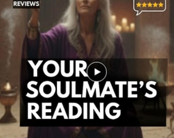 May include: An image featuring a woman with long gray hair, wearing a purple robe, holding a tarot card. The text "YOUR SOULMATE'S READING" is displayed prominently. Additional text includes "5.0 REVIEWS" and "EXTRA DETAILED" with a five-star rating.