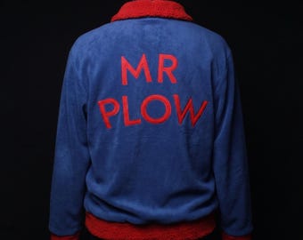 Mr Plow Fleece Jacket, Retro Cartoon Cosplay Jacket, Blue Sherpa Trim Jacket