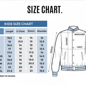 May include: A size chart for kids' jackets, with measurements in inches. The chart includes sizes from 18M to Youth XL, detailing length, chest, sleeve, and shoulder dimensions. A jacket illustration shows where to measure.