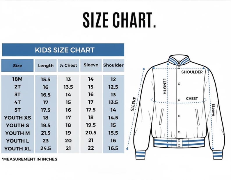 May include: A size chart for kids' jackets, with measurements in inches. The chart includes sizes from 18M to Youth XL, detailing length, chest, sleeve, and shoulder dimensions. A jacket illustration shows where to measure.