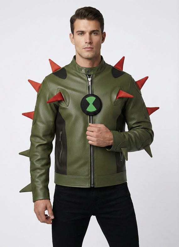 BALMAN オリーブグリーン レザージャケット 勘太郎 Swampfire Ben 10 Inspired Leather Jacket, Ben Tennyson Costume