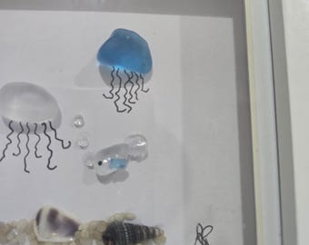 Sea Glass Framed picture. Fish Bubbles and shells