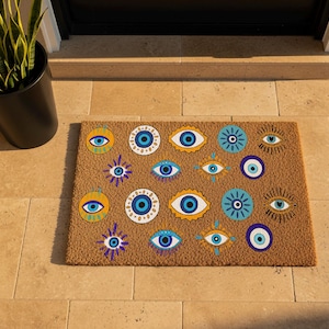 Evil Eye Coir Doormat | Modern Nazar Pattern Welcome Mat | Greek & Turkish Decor | Housewarming Gift | Good Luck Porch Decor | Outdoor Rug