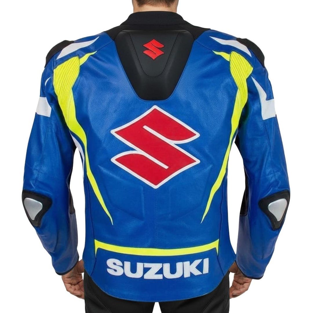 スズキ ブルー バイク用レザージャケット – CE保護機能搭載の丈夫な